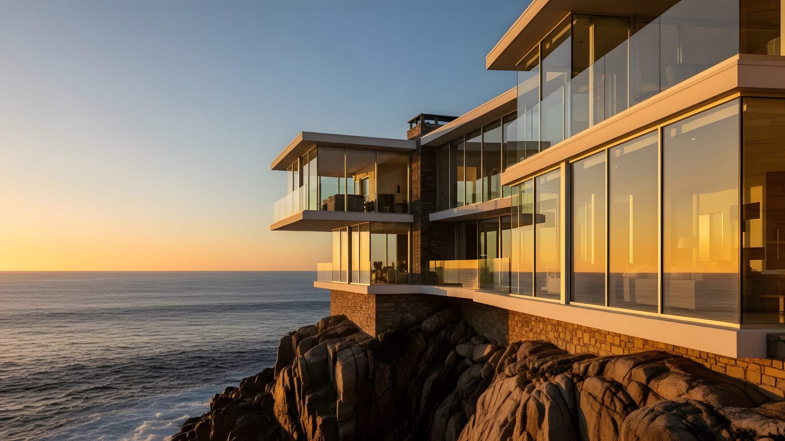 Luxurious modern glass house perched on a rocky cliff overlooking the ocean at sunset